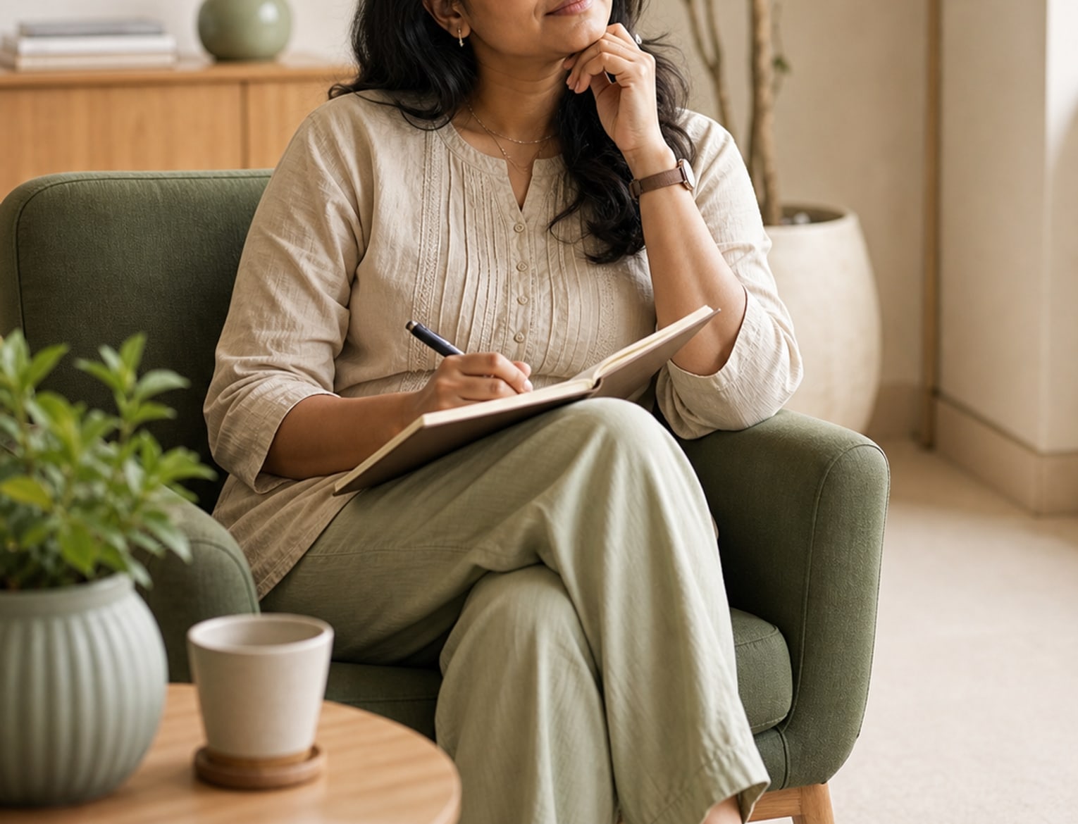 Indian therapist reflecting with a notebook at Lifeful